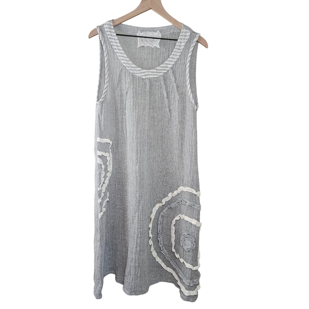 Marilu Linen Blend Gauze‎ Sleeveless Dress Sz M Gray Applique Lagenlook